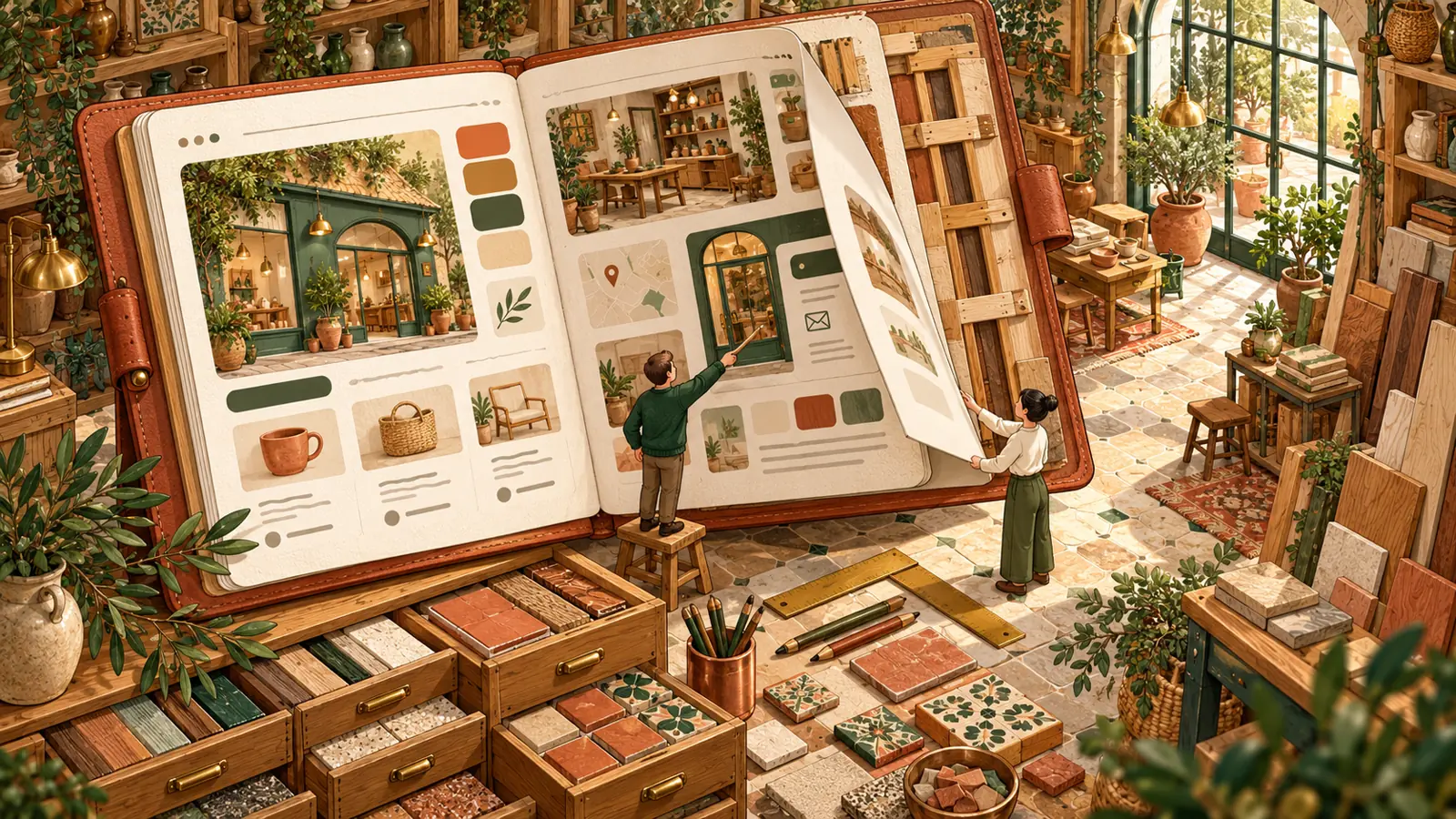 Illustration d'un portfolio géant ouvert, examiné par deux personnages dans un showroom artisanal.