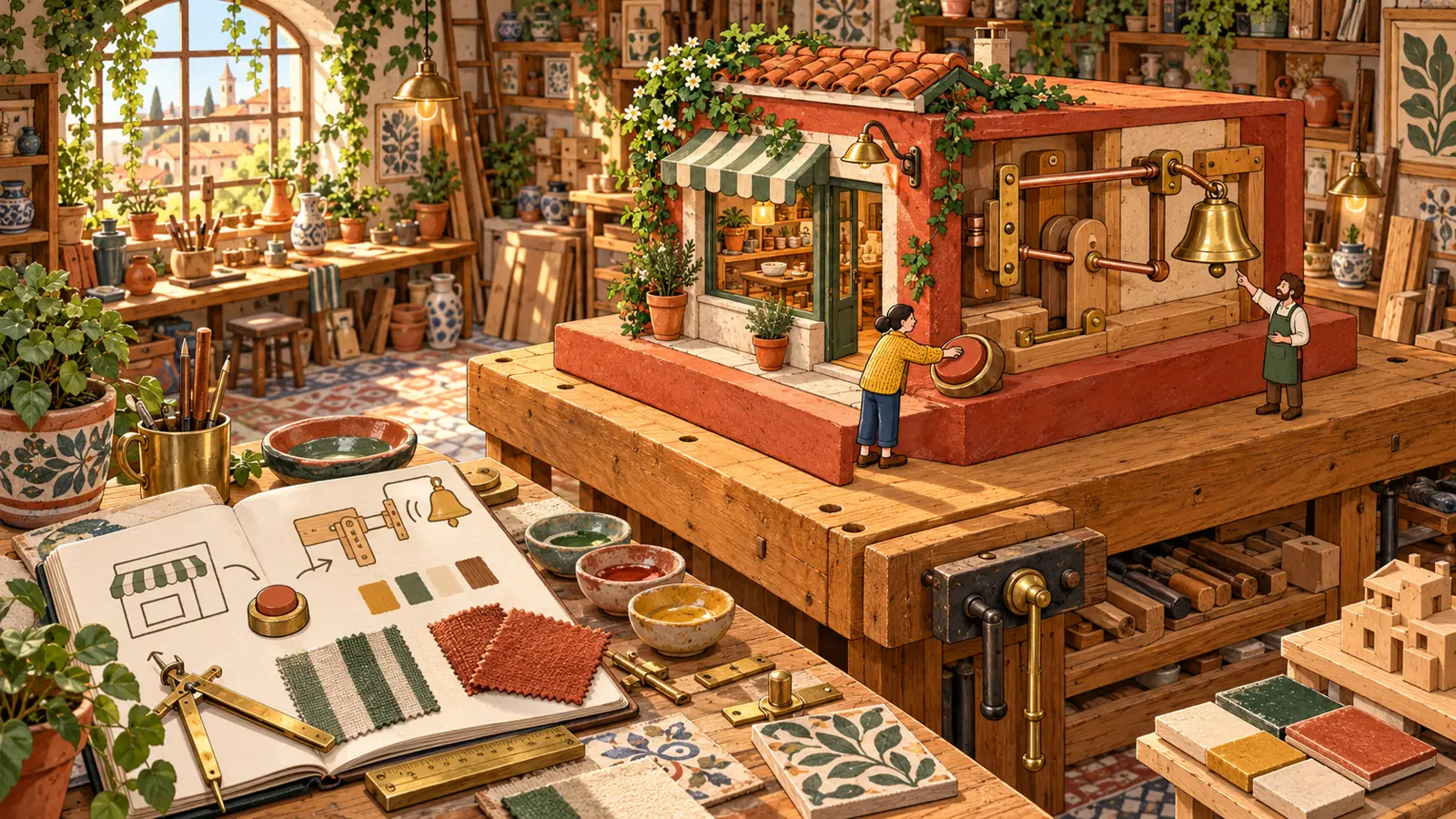 Illustration d'une boutique miniature et de son mécanisme de sonnette, testés sur un établi.