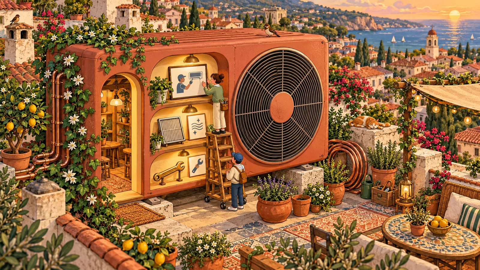 Illustration d'un climatiseur géant entouré de trois espaces dédiés à l'installation, l'entretien et le dépannage.