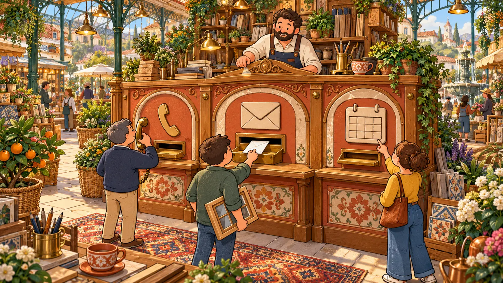 Illustration of a giant counter with three openings for a telephone, an envelope and a calendar in a miniature covered market.