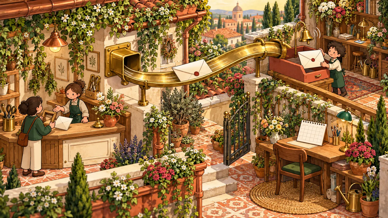Illustration of a giant envelope traveling through a brass tube to someone receiving it in a miniature garden office.