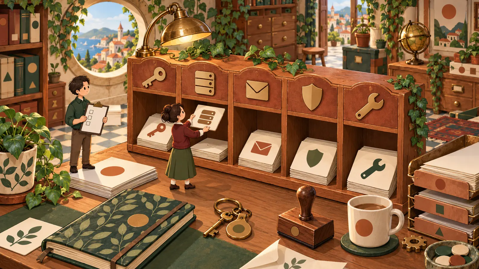 Illustration: cards sorted into five compartments representing the domain, hosting, email, backups and upkeep.