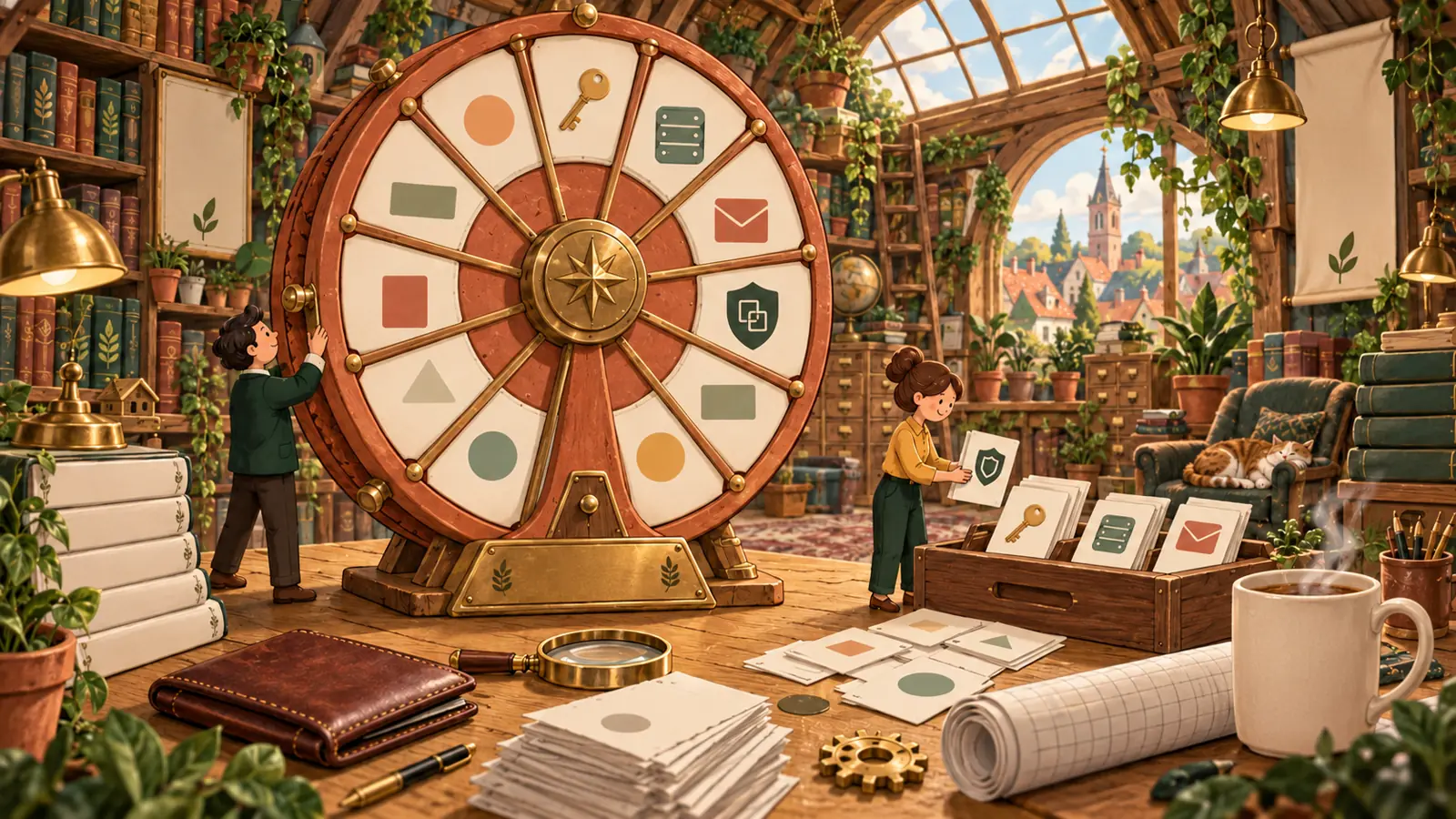 Illustration: a giant annual planner wheel and service cards in a library, used to organize website costs.