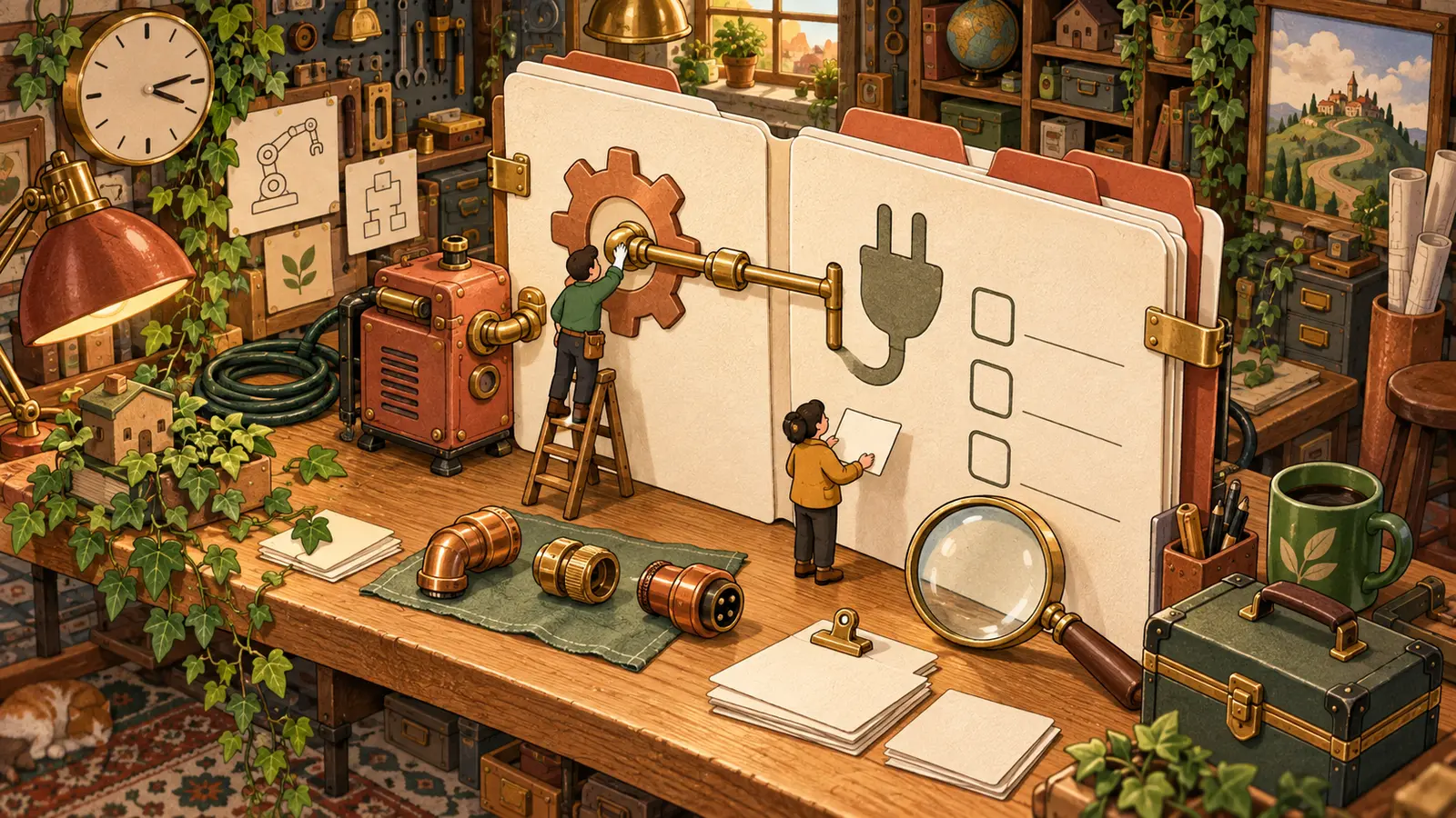 Illustration : deux personnages inspectent les connexions et les cases d'un dossier de devis géant dans un atelier.