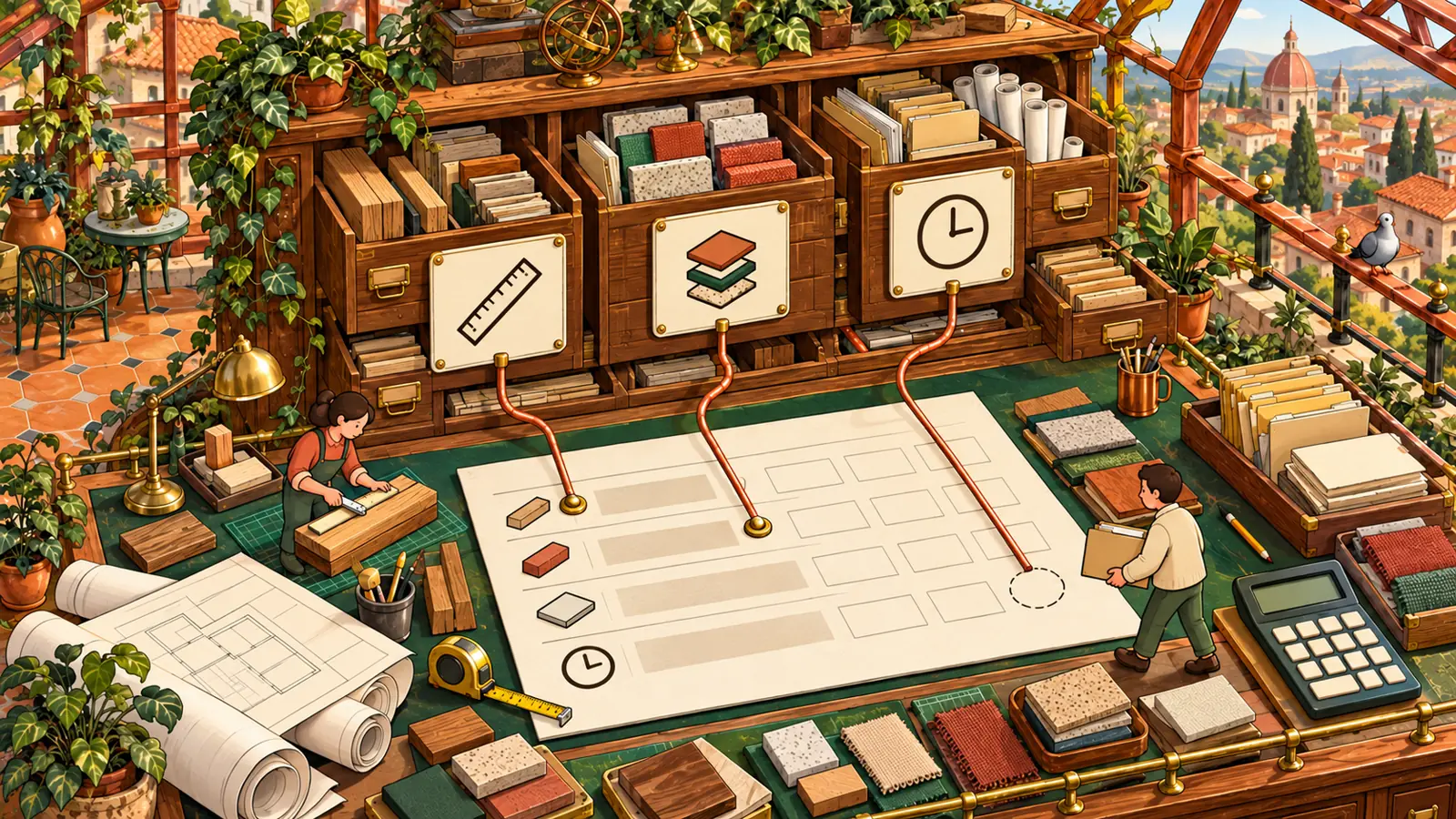 Illustration d'un devis relié par des conduits de cuivre à trois tiroirs marqués d'une règle, d'échantillons et d'une horloge dans un atelier miniature.