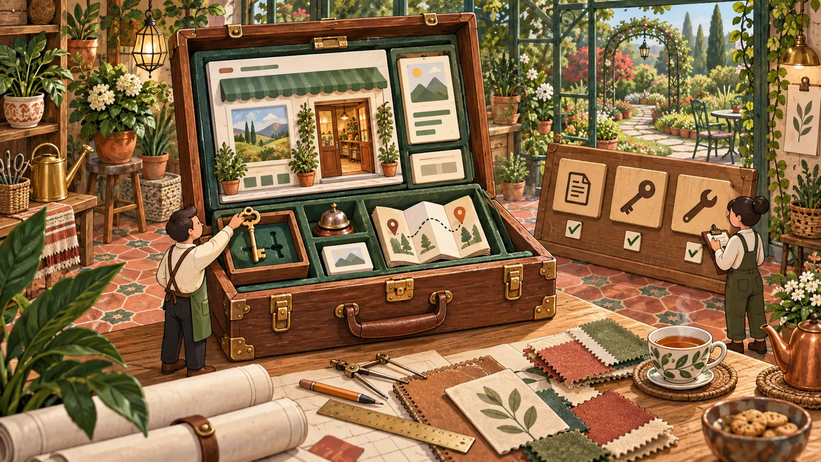 Illustration : une maquette de site livrée dans une malle avec sa clé et les éléments à contrôler
