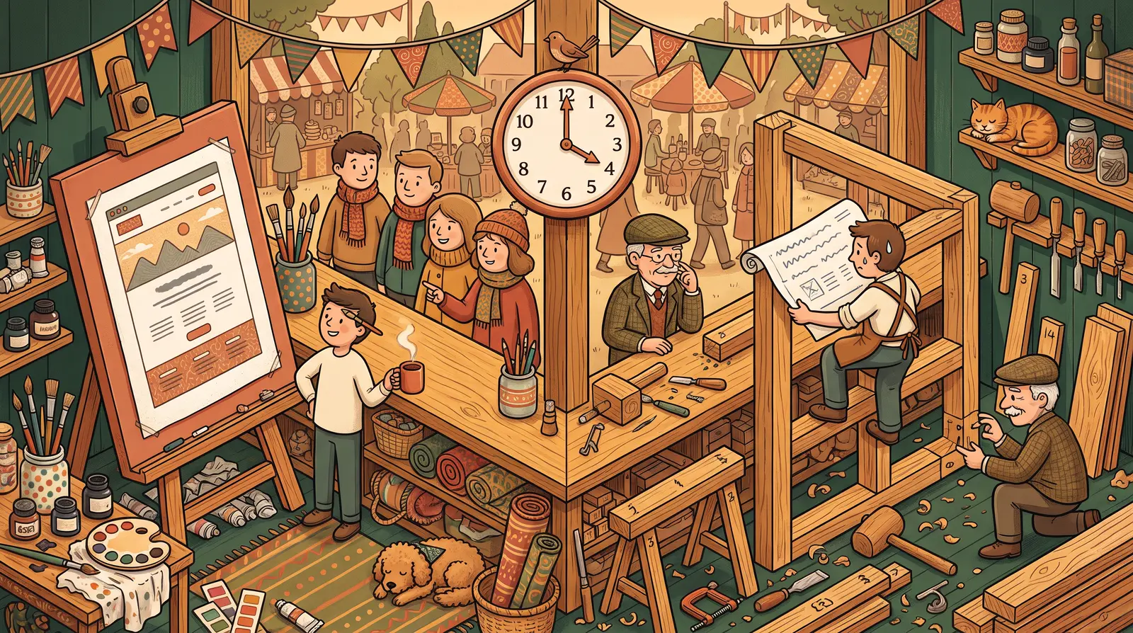 A la même heure sur l'horloge, la page est finie côté dessin quand la charpente n'est qu'à moitié montée côté chantier