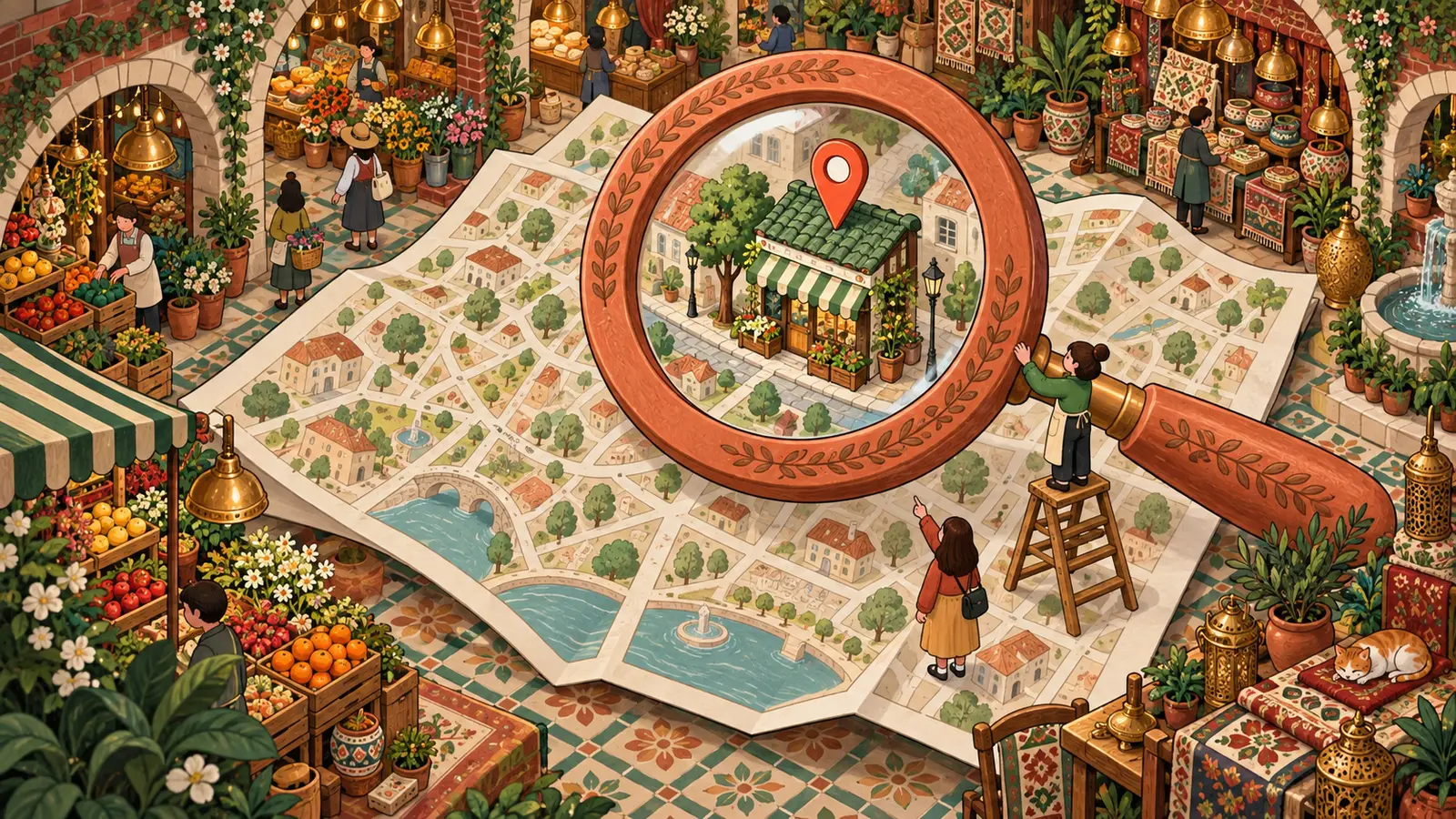 Illustration : une loupe géante révèle un commerce sur une carte de quartier