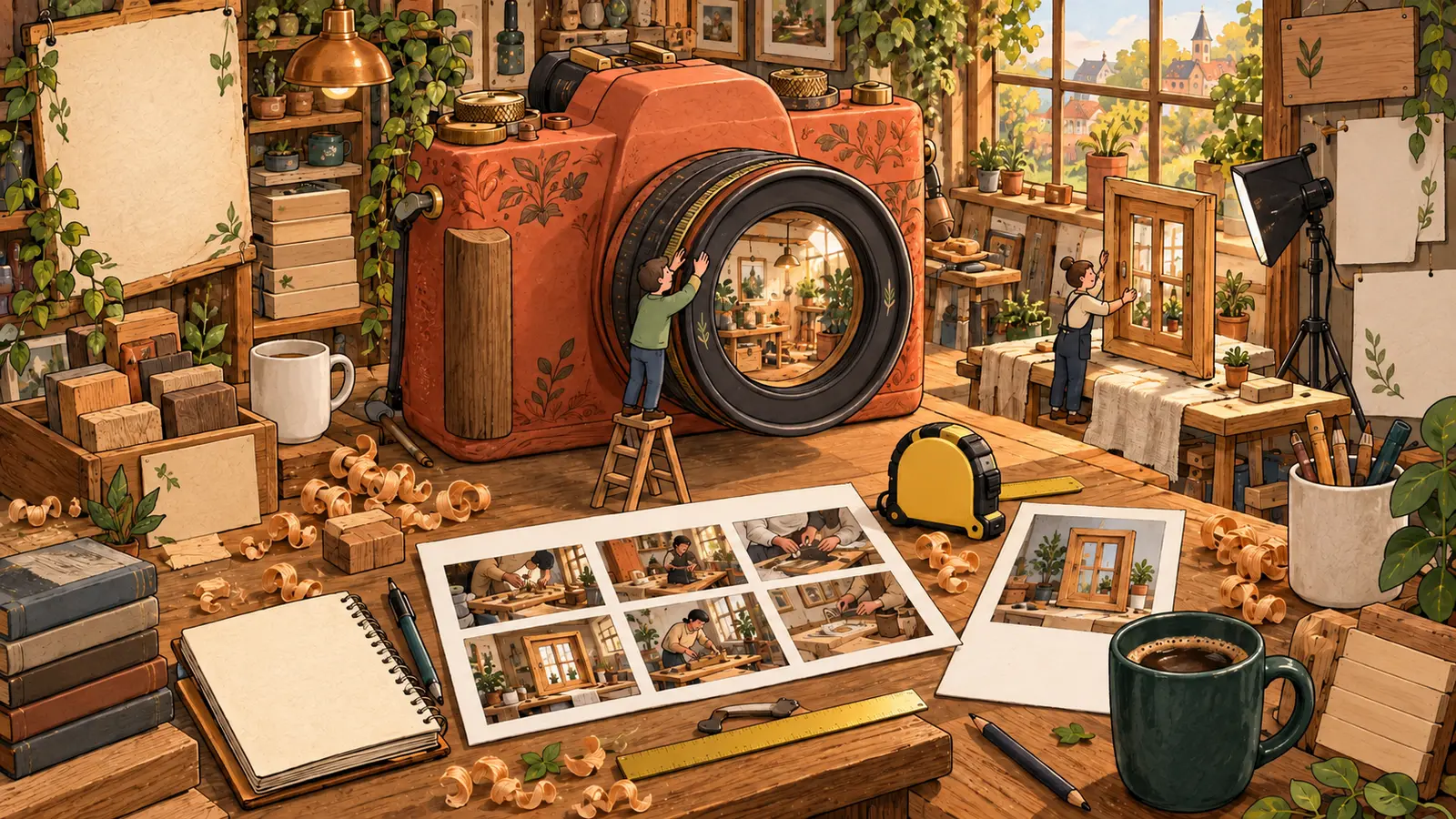 Illustration : un appareil photo géant dans un atelier de menuiserie