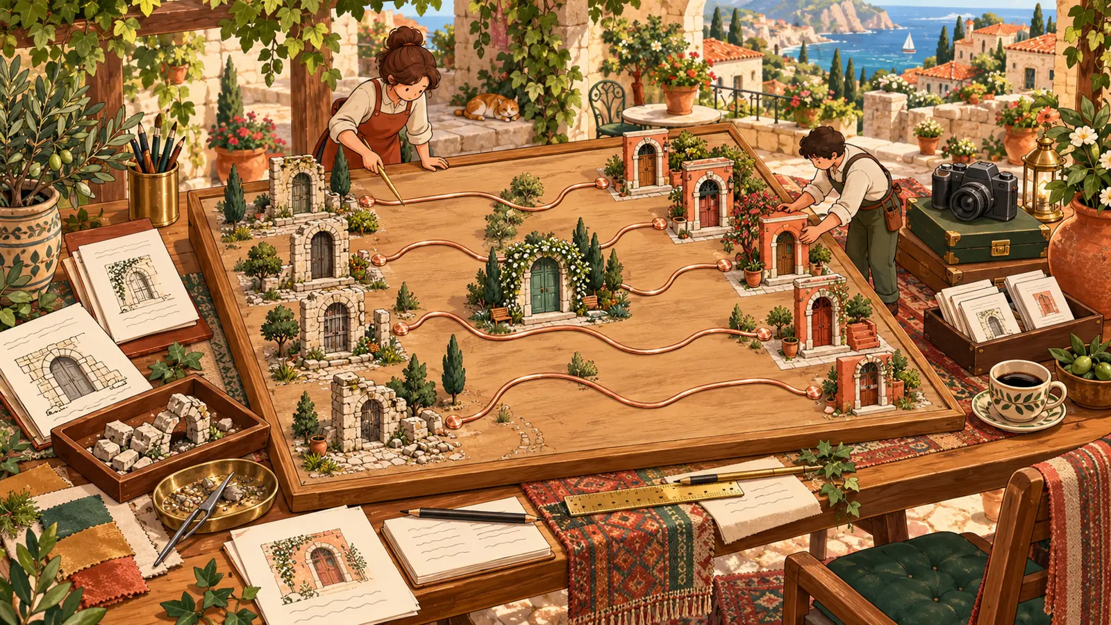 Illustration : des portes miniatures anciennes et nouvelles reliées par des chemins sur une grande table de préparation.