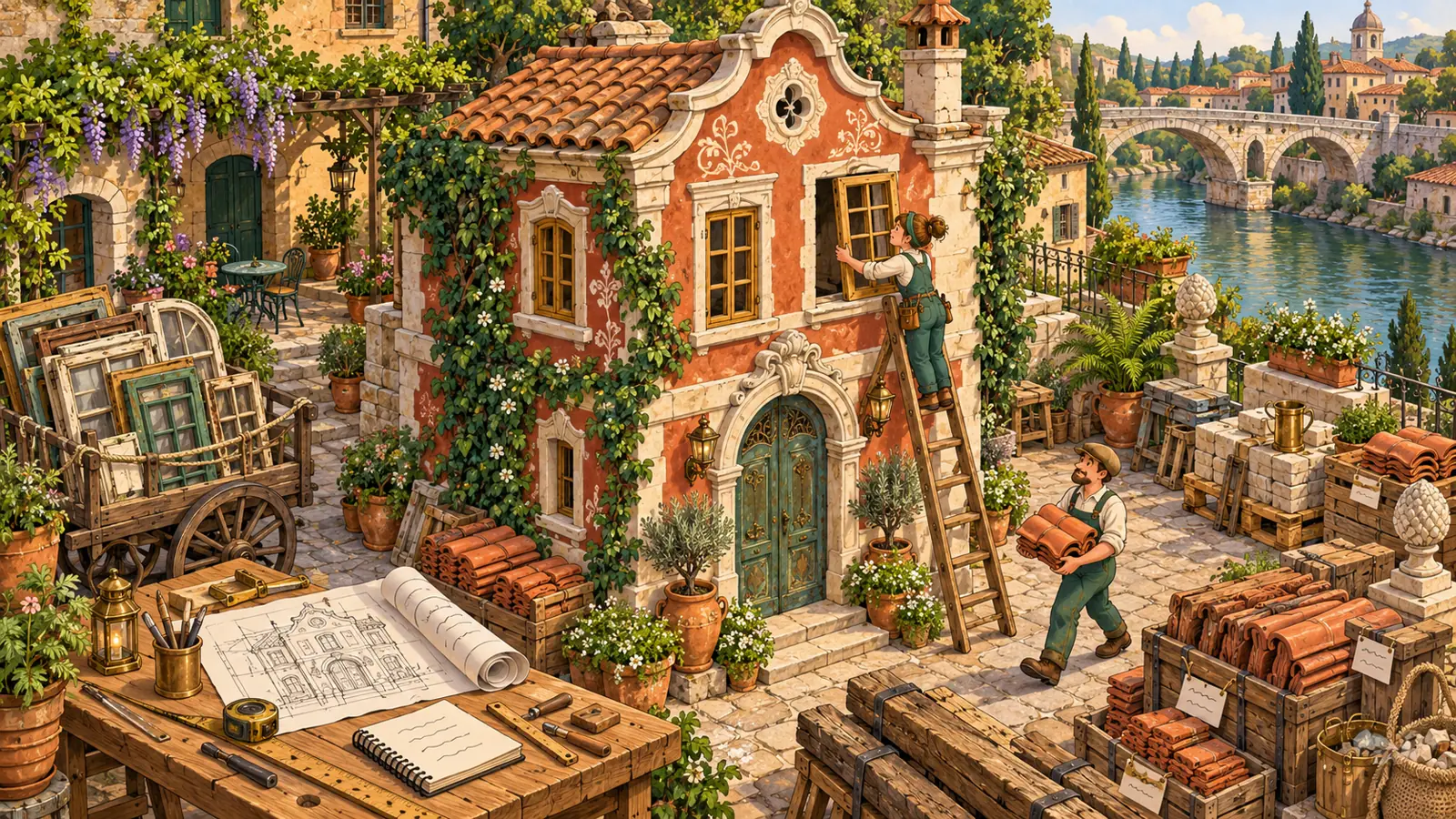 Illustration : une grande façade de maison en restauration dans une cour, avec des éléments conservés et d'autres remplacés.