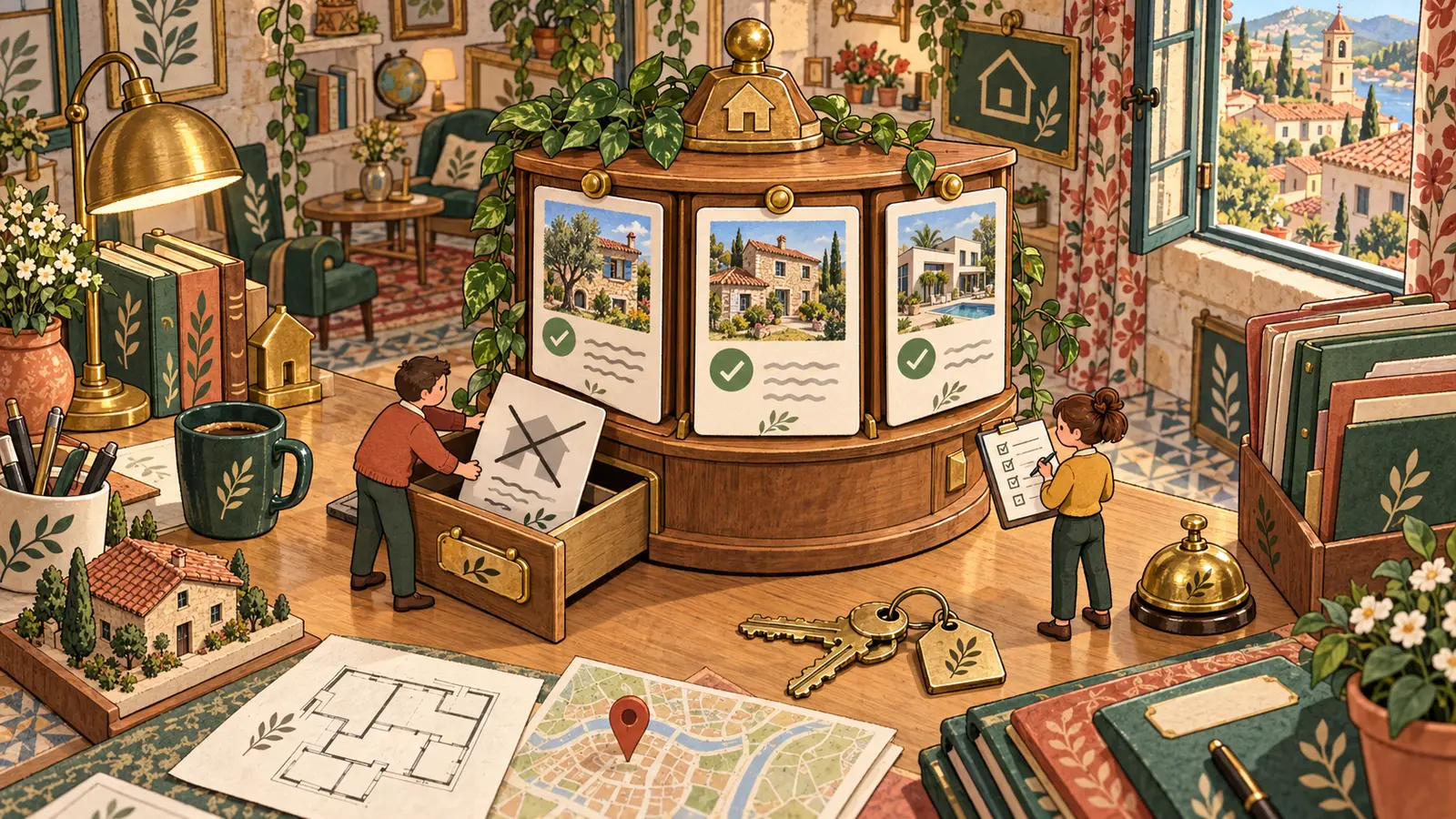 Illustration : deux personnes contrôlent un catalogue et retirent une fiche de bien devenue indisponible.