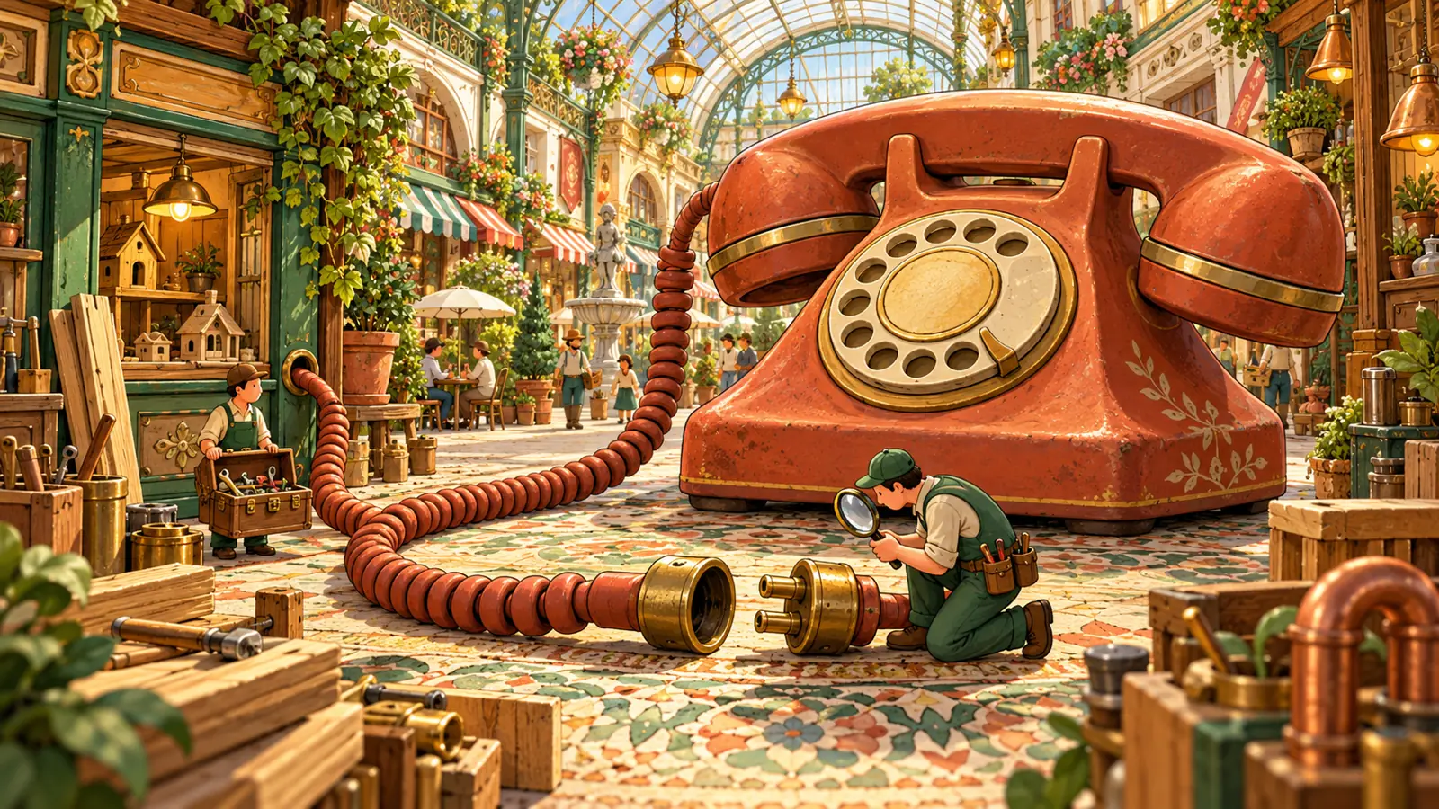 Illustration: a contractor examines the unplugged cord of a giant telephone in a row of workshops.
