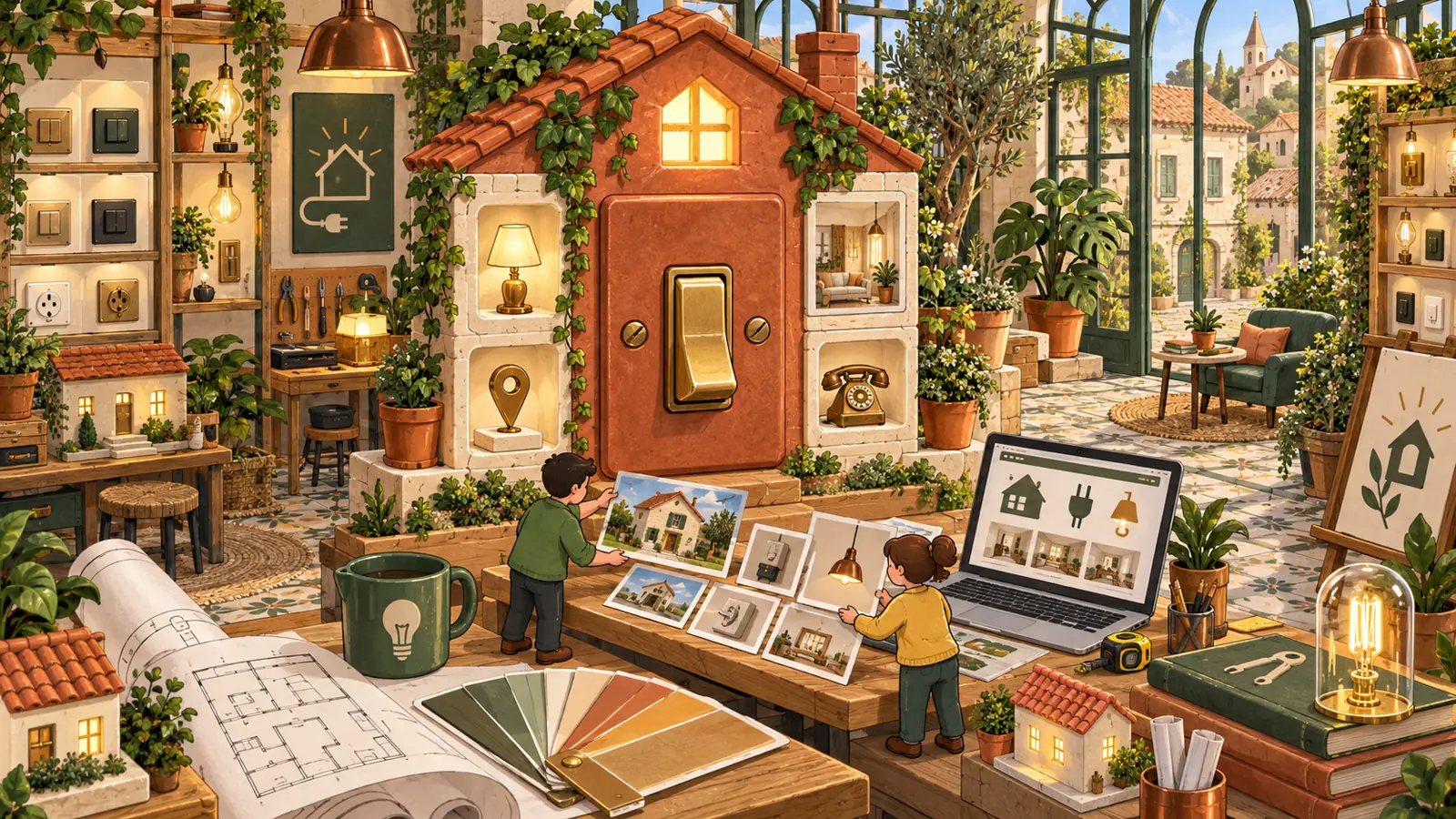 Illustration: a large light switch in a model house in the middle of a workshop.