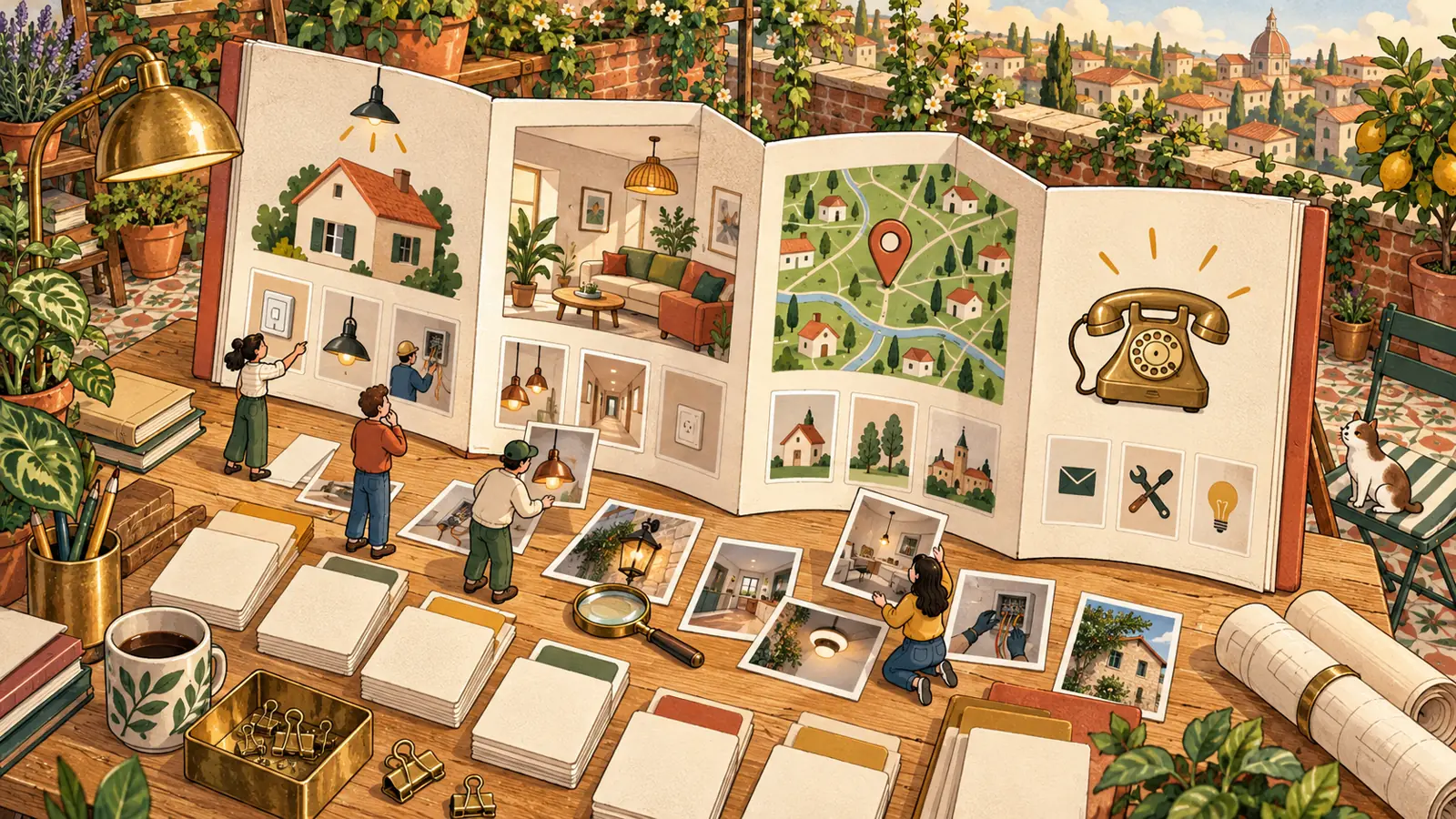 Illustration: a giant pop-up book with a house, photos, a map and a phone on a terrace.