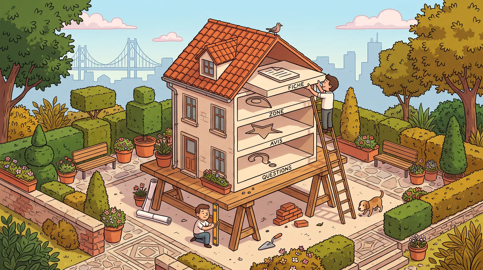 La structure GEO d'un site : questions, avis, zone d'intervention et fiche Google empilés comme les étages d'une maison