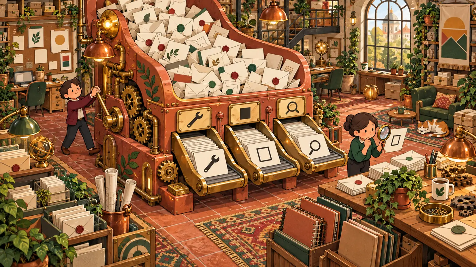 Illustration: a large mail sorter and characters organizing cards in a workshop.