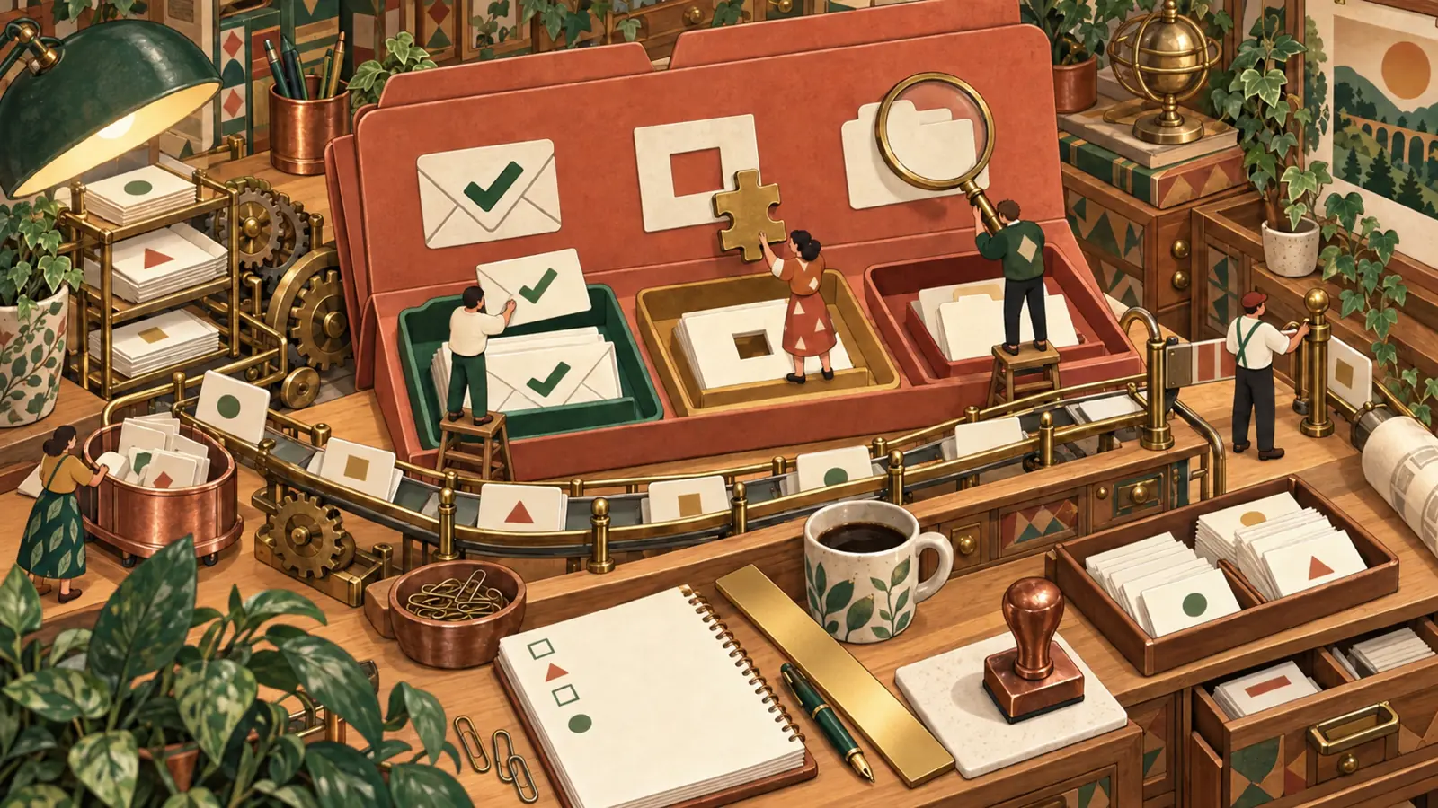 Illustration: characters examine files and spot incomplete cards on a review table.