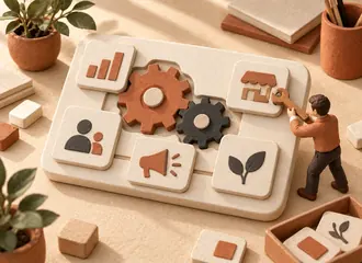 Illustration d'outils sur mesure reliés dans un atelier