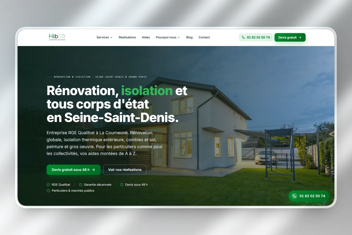 Site HIB Construction, rénovation et isolation en Seine-Saint-Denis, réalisé par DevDream