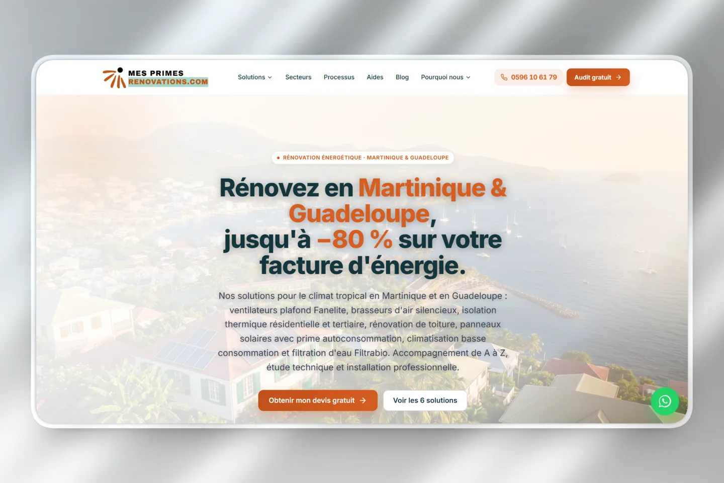 Site MesPrimes Rénovations, rénovation énergétique en Martinique et Guadeloupe, réalisé par DevDream