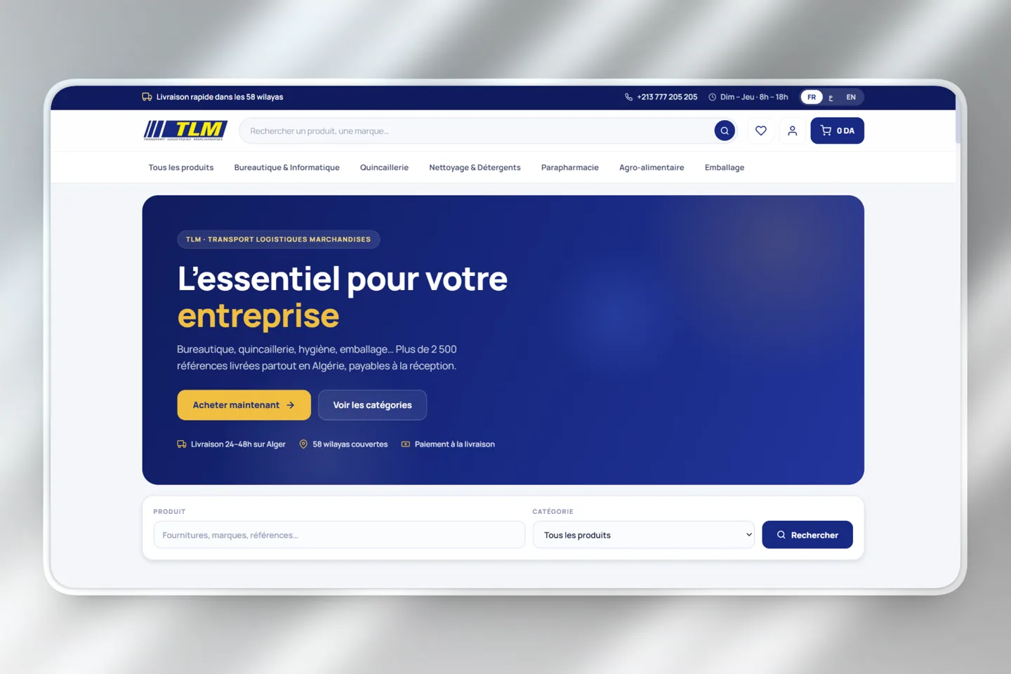 Site TLM Shop, e-commerce B2B de fournitures en Algérie, réalisé par DevDream