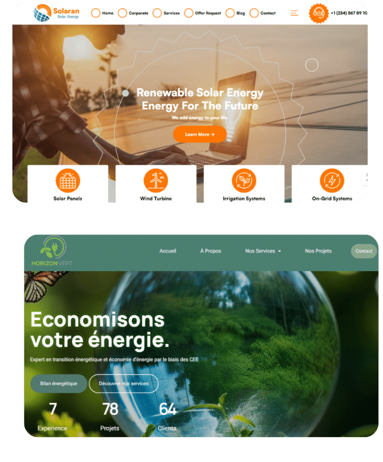 interface moderne du site présentant les services d'économie d'énergie de l'entreprise