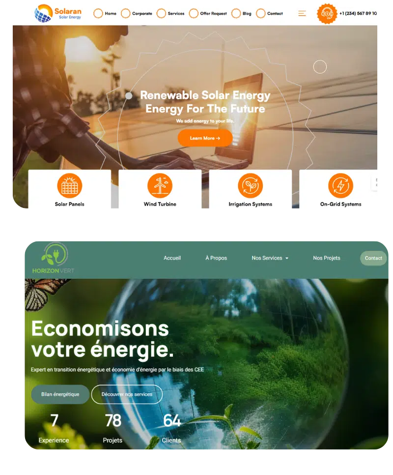 interface moderne du site présentant les services d'économie d'énergie de l'entreprise